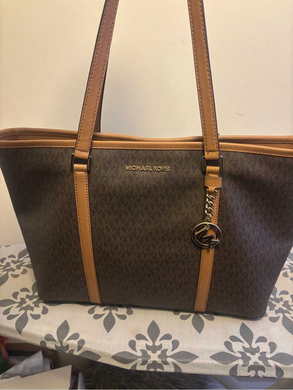 Michael Kors Brown and Tan Signature Tote with Gold Charm